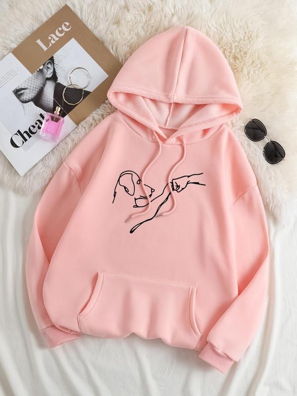 Plus Size Cartoon Print Drop Shoulder Drawstring Hoodie, Fashion Casual Hooded Sweatshirt for Daily Outdoor Wear, Women...