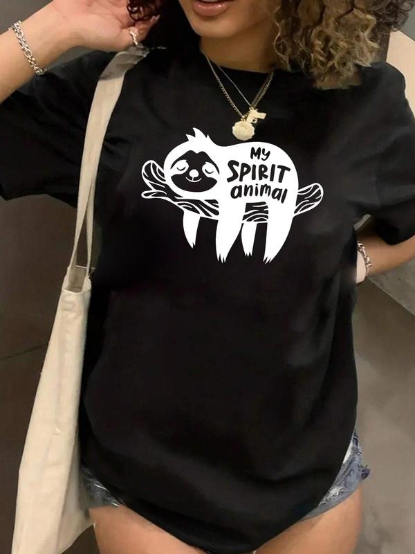 Plus Size Cartoon Sloth & Letter Print Drop Shoulder Tee, Casual Crew Neck T-shirt for Daily Holiday Outdoor Wear, Women...