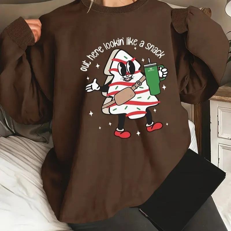 Plus Size Christmas Print Pullover Sweatshirt, Casual Long Sleeve Crew Neck Sweatshirt For Fall & Spring, Women's Plus...