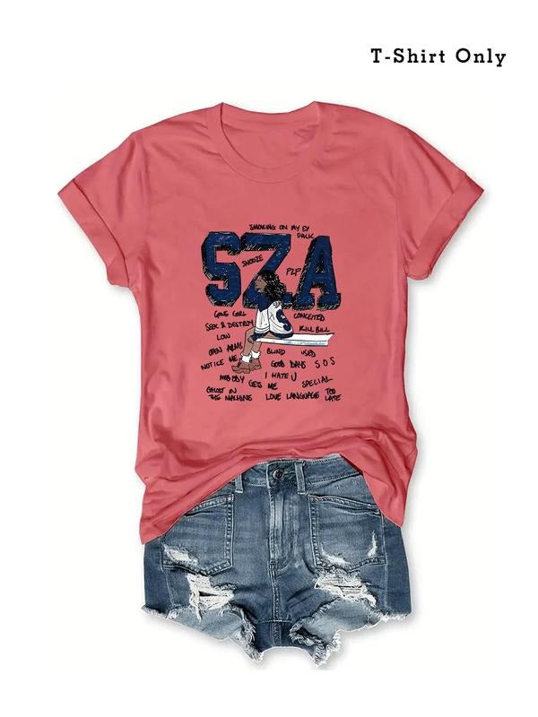 Plus Size Figure & Letter Print Round Neck Tee, Fashion Casual Crew Neck Short Sleeve T-shirt for Daily Outdoor Wear,...