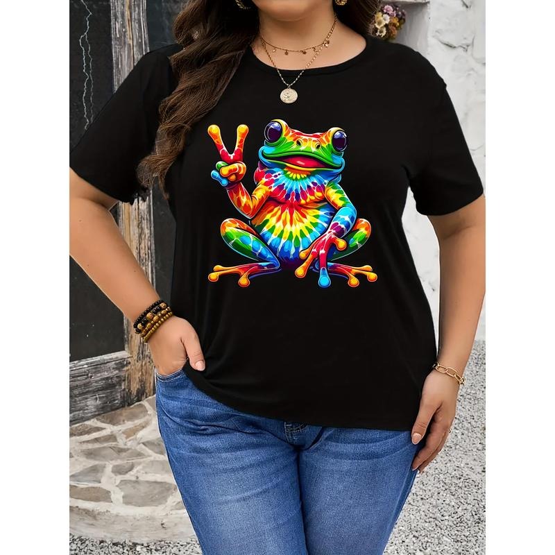 Plus Size Frog Print Crew Neck Short Sleeve T-Shirt for Spring & Summer, Casual Women's Clothing Hoodie, Sweatshirt