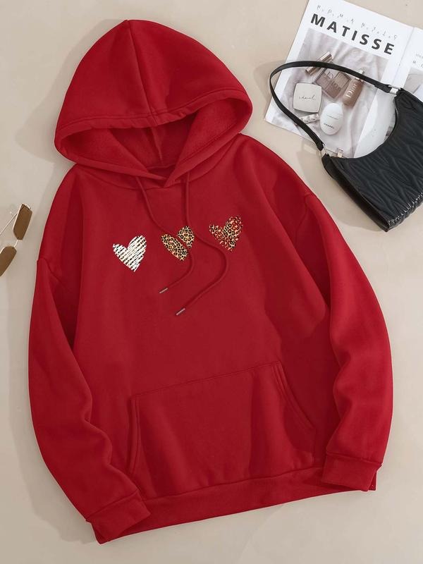 Plus Size Heart Print Drop Shoulder Drawstring Hoodie, Fashion Casual Kangaroo Pocket Hooded Sweatshirt for Daily Holiday...