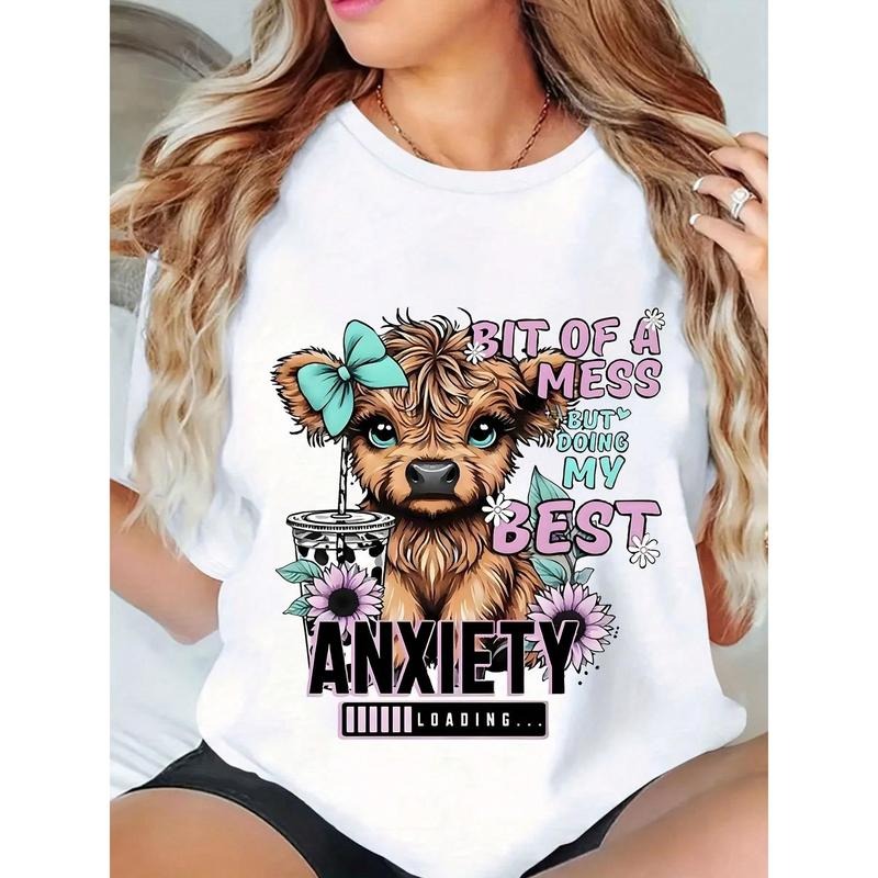 Plus Size Highland Cow Women's Tshirt Casual Chic Round Neck Short Sleeve Cotton Fabric for Daily Wear Seasonal Fashion...