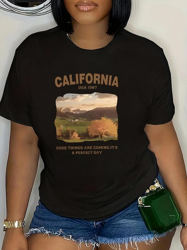 Plus Size Landscape & Letter Print Round Neck Graphic Tee, Vintage Trendy Casual Short Sleeve T-shirt for Daily Wear,...