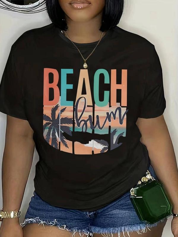 Plus Size Landscape & Letter Print Round Neck Tee, Fashion Casual Crew Neck Short Sleeve T-shirt for Daily Outdoor Wear,...