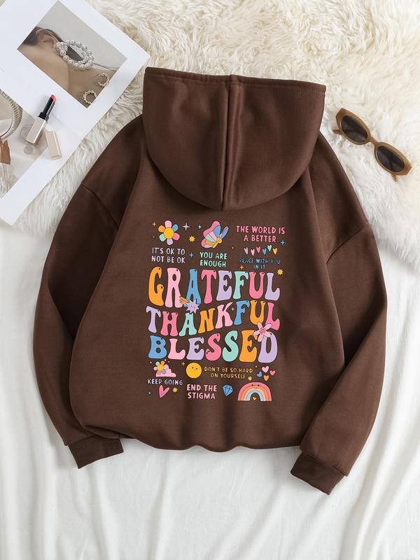 Plus Size Letter & Butterfly Print Drop Shoulder Hoodie, Fashion Casual Drawstring Pocket Hooded Sweatshirt for Daily...