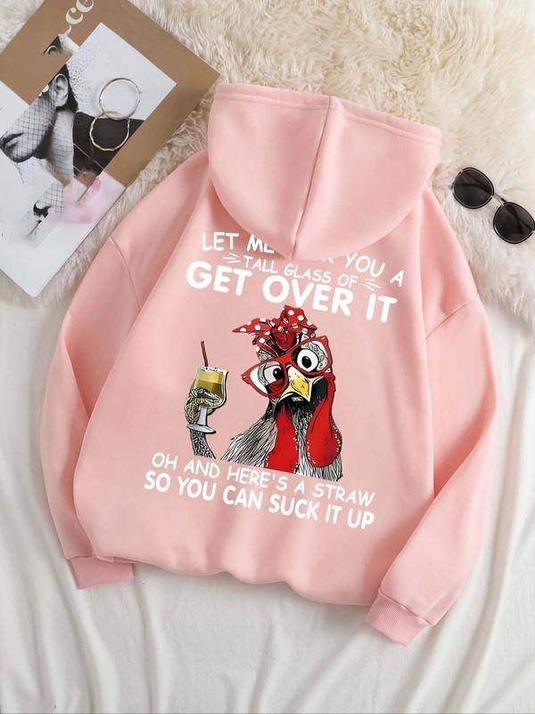 Plus Size Letter & Chicken Print Drop Shoulder Hoodie, Casual Drawstring Pocket Hooded Sweatshirt for Daily Holiday...