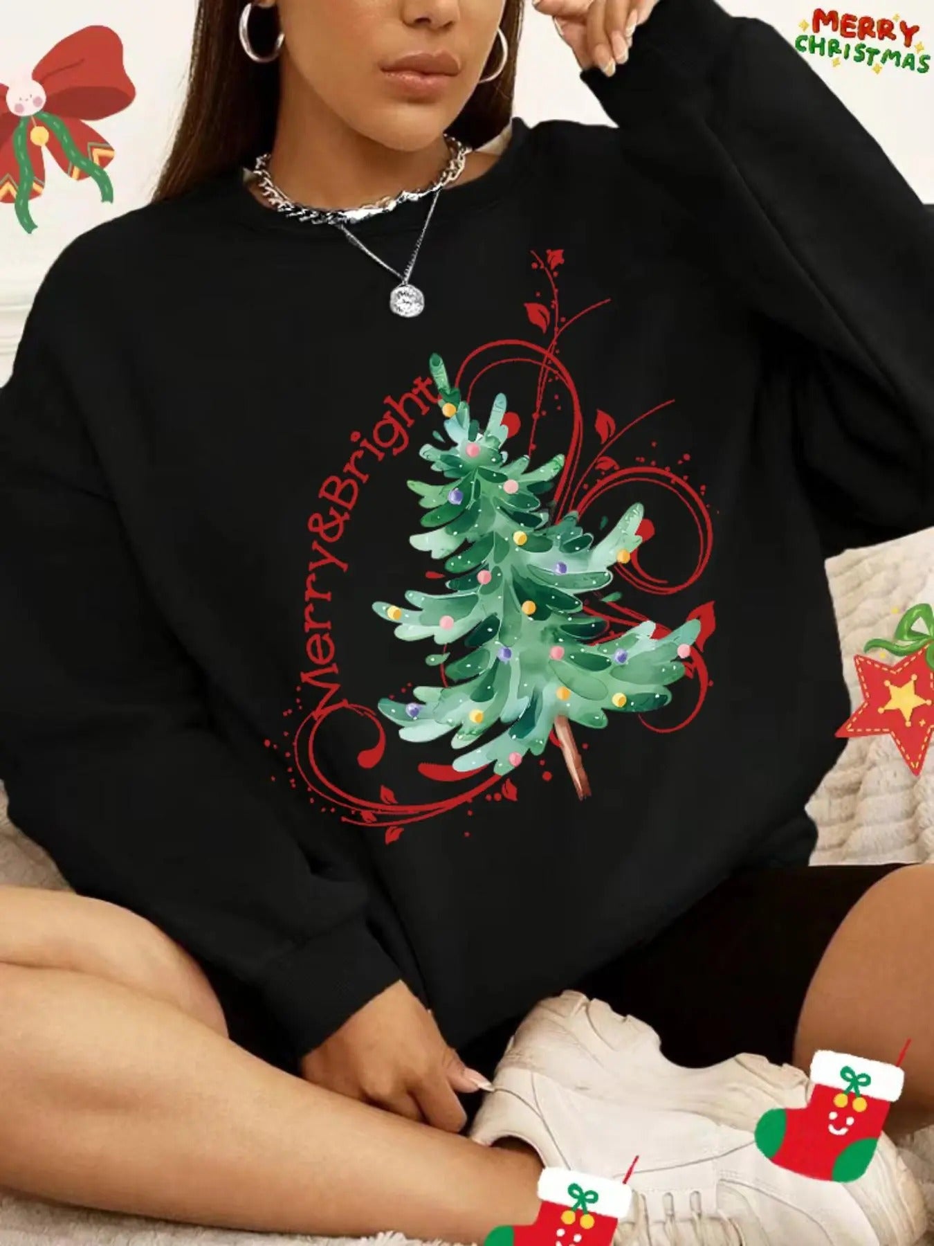 Plus Size Letter & Christmas Tree Print Drop Shoulder Sweatshirt, Casual Long Sleeve Round Neck Pullover for Daily Wear,...