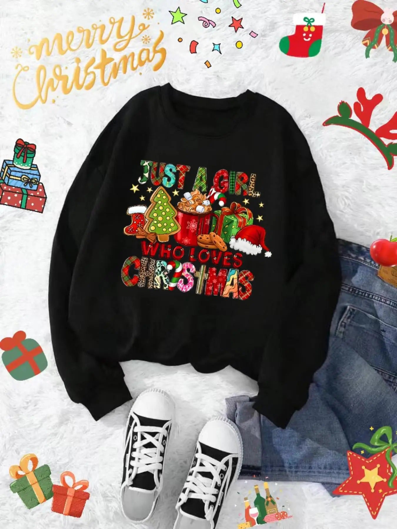 Plus Size Letter & Gift  Print Drop Shoulder Sweatshirt, Casual Long Sleeve Round Neck Pullover for Daily Wear, Women's...