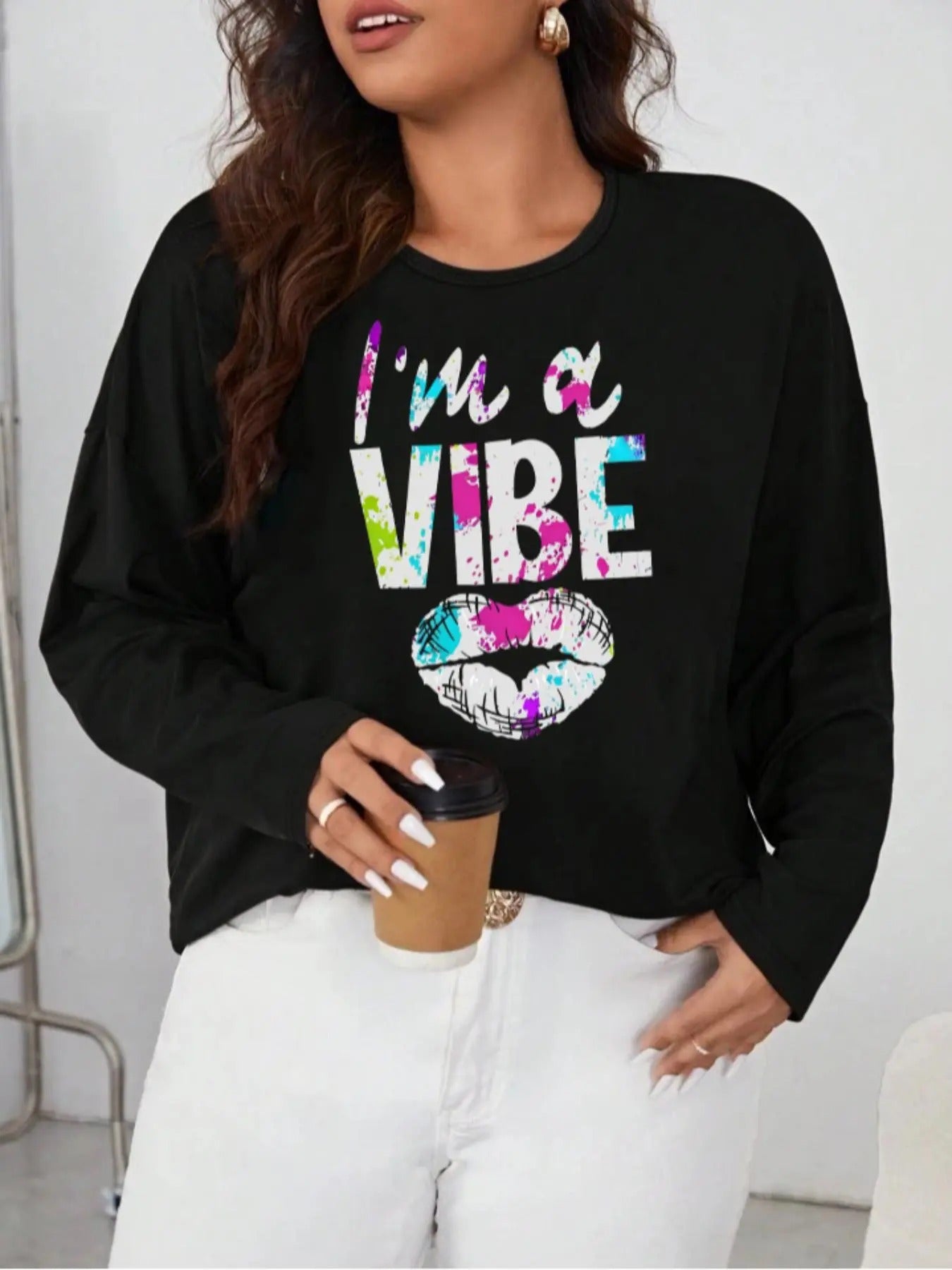 Plus Size Letter & Lip Print Drop Shoulder Tee, Fashion Casual Crew Neck Long Sleeve T-Shirt for Daily Outdoor Wear,...