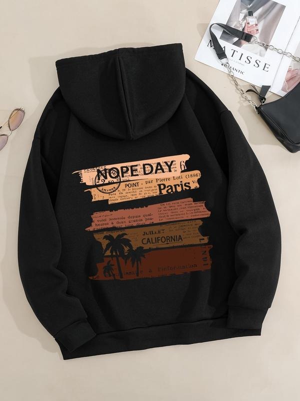 Plus Size Letter & Palm Tree Print Drop Shoulder Hoodie, Fashion Casual Drawstring Pocket Hooded Sweatshirt for Daily...