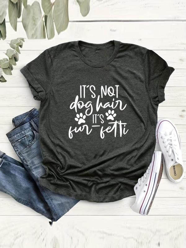 Plus Size Letter & Paw Print Round Neck Graphic Tee, Vintage Trendy Casual Short Sleeve T-shirt for Daily Wear, Ladies...