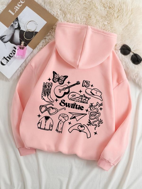 Plus Size Letter Graphic Drop Shoulder Hoodie, Fashion Casual Drawstring Pocket Hooded Sweatshirt for Daily Holiday...