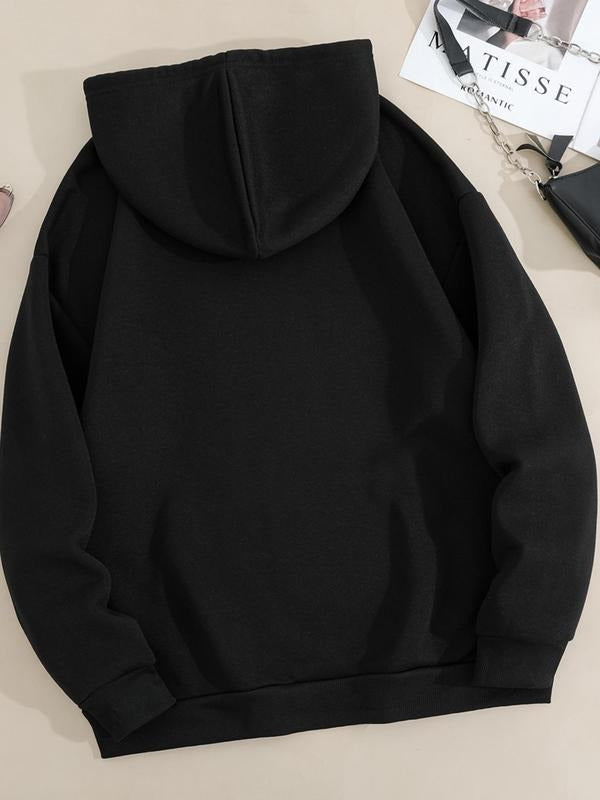 Plus Size Letter Graphic Print Drawstring Pocket Hoodie, Casual Drop Shoulder Long Sleeve Hooded Sweatshirt, Women's Fall...