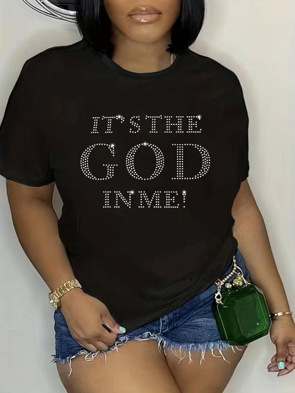 Plus Size Letter Print Contrast Sequin Round Neck Tee, Fashion Casual Crew Neck Short Sleeve T-shirt for Daily Outdoor...