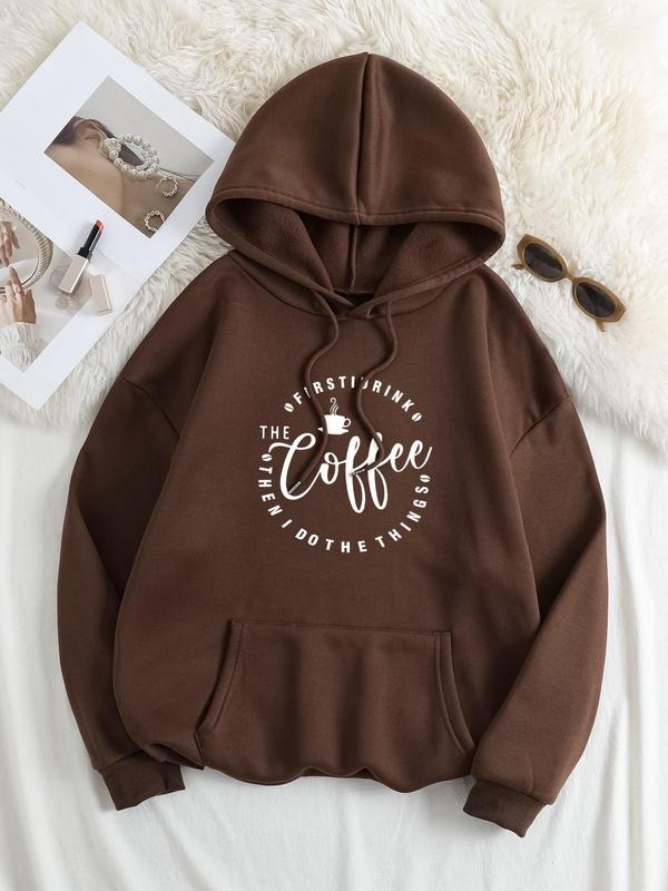 Plus Size Letter Print Drop Shoulder Drawstring Hoodie, Fashion Casual Kangaroo Pocket Hooded Sweatshirt for Daily...