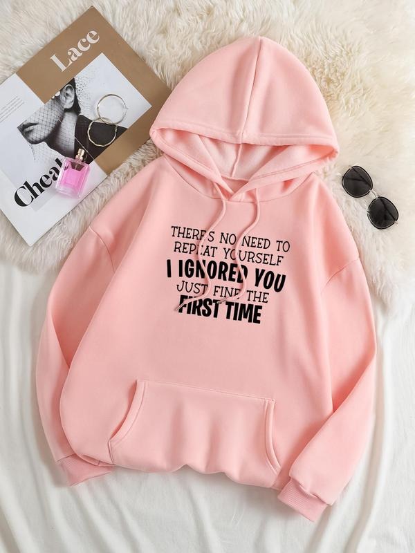 Plus Size Letter Print Drop Shoulder Hoodie, Fashion Casual Drawstring Pocket Hooded Sweatshirt for Daily Holiday Outdoor...