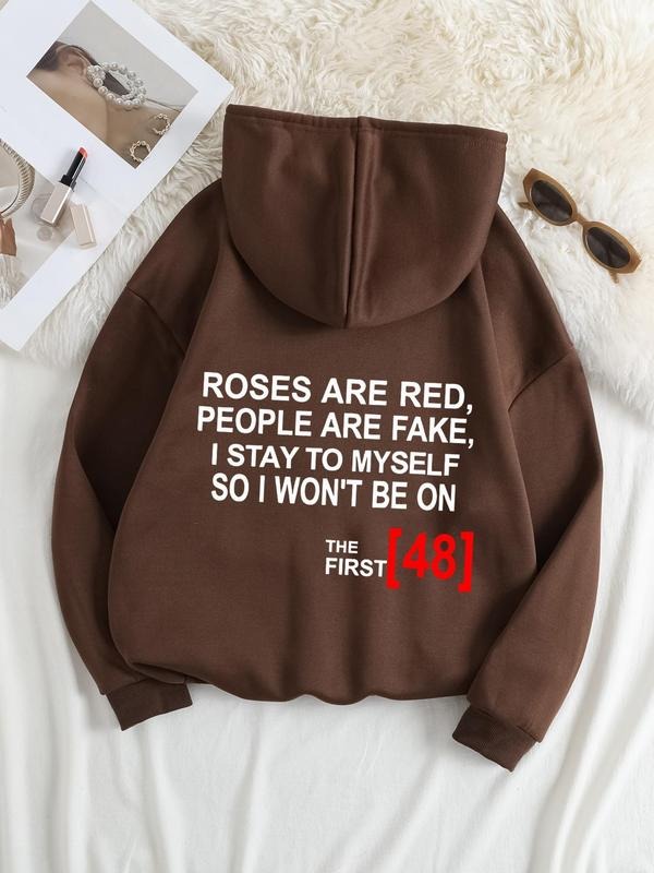 Plus Size Letter Print Drop Shoulder Hoodie, Fashion Casual Drawstring Pocket Hooded Sweatshirt for Daily Holiday Outdoor...