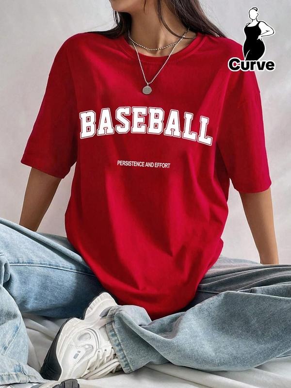 Plus Size Letter Print Drop Shoulder Tee, Casual Half Sleeve Round Neck T-Shirt for Summer, Women's Plus Clothing for...