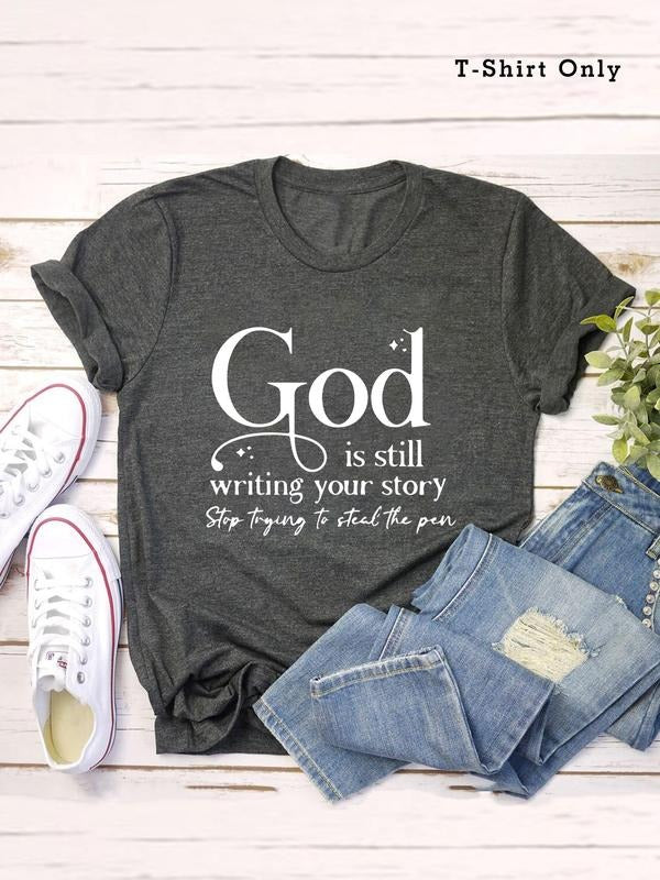 Plus Size Letter Print Round Neck Tee, Casual Short Sleeve T-shirt, Women's Plus Size Summer Clothing for Daily Wear...