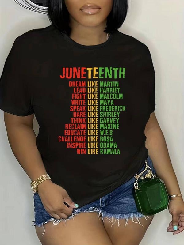 Plus Size Letter Print Round Neck Tee, Fashion Casual Crew Neck Short Sleeve T-shirt for Daily Outdoor Wear, Women Plus...
