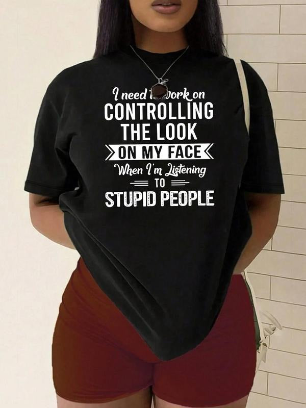 Plus Size Letter Print Round Neck Tee, Fashion Casual Short Sleeve Graphic T-shirt, Women Plus Clothing for Summer...