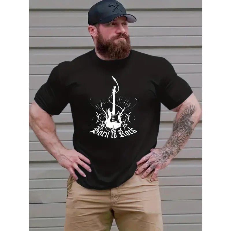 Plus Size Men's Fashion Guitar Graphic T-shirt, Comfy Elastic Tees For Summer, Men's Clothing Made in USA Hoodie, Sweatshirt