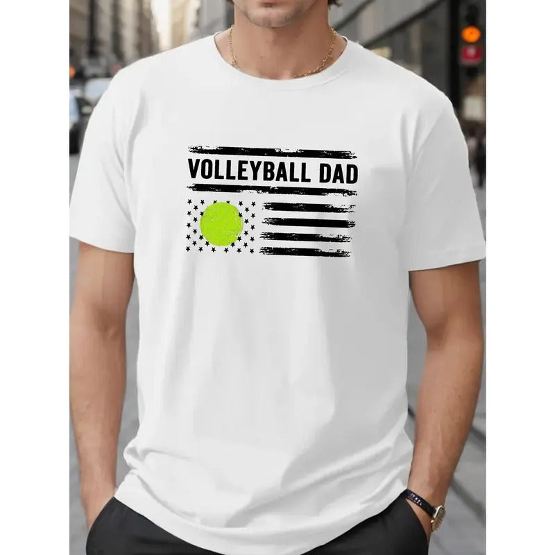 Plus Size Men's Trendy VOLLEYBALL DAD Letter Print T-Shirt, Breathable Comfy Casual Short Sleeve Top For Big & Tall Males, Men's Summer Clothing Made in USA