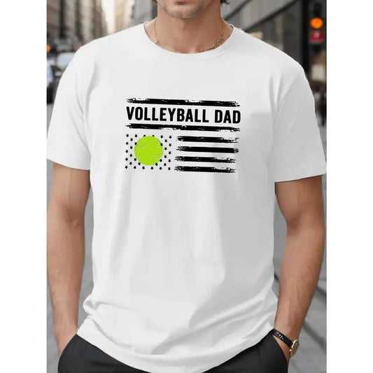 Plus Size Men's Trendy VOLLEYBALL DAD Letter Print T-Shirt, Breathable Comfy Casual Short Sleeve Top For Big & Tall Males, Men's Summer Clothing Made in USA