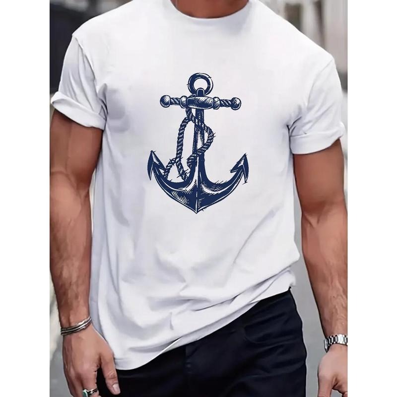 Plus Size Nautical Anchor Print T-Shirt - Classic Crew Neck, Short Sleeves, Sports Tee Tops for Summer Clothing