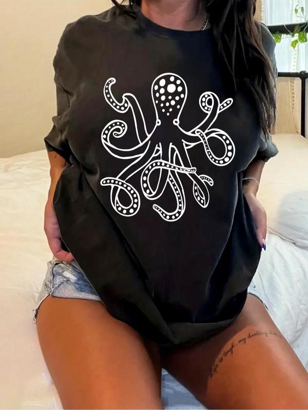 Plus Size Octopus Print Round Neck Tee, Casual Short Sleeve Crew Neck T-shirt for Summer, Women's Plus Clothing for Daily...