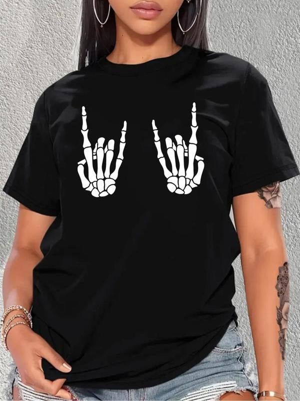 Plus Size Skeleton Hand Print Round Neck Tee, Casual Short Sleeve Graphic T-shirt, Women's Summer Clothes for Daily Wear...