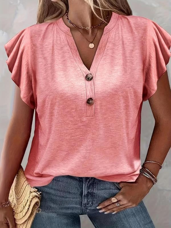 Plus Size Solid Ruffle Trim Notched Neck Tee, Casual Cap Sleeve Button Front T-Shirt for Summer, Women's Plus Clothing...