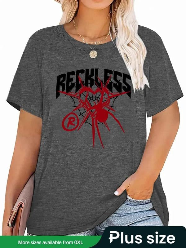 Plus Size Spider & Letter Print Round Neck Tee, Casual Short Sleeve T-shirt for Daily Outdoor Wear, Women Plus Clothing...