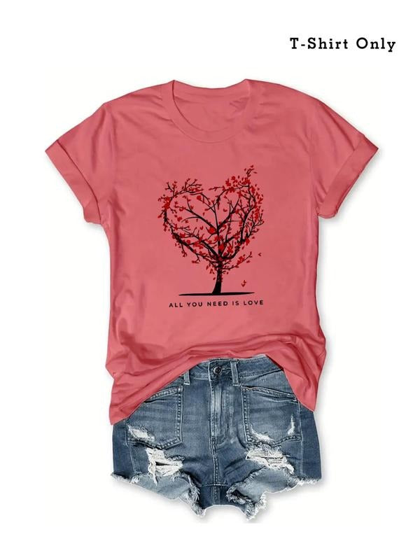 Plus Size Tree & Heart Print Round Neck Tee, Casual Short Sleeve T-shirt, Women's Plus Size Clothing for Summer Daily...
