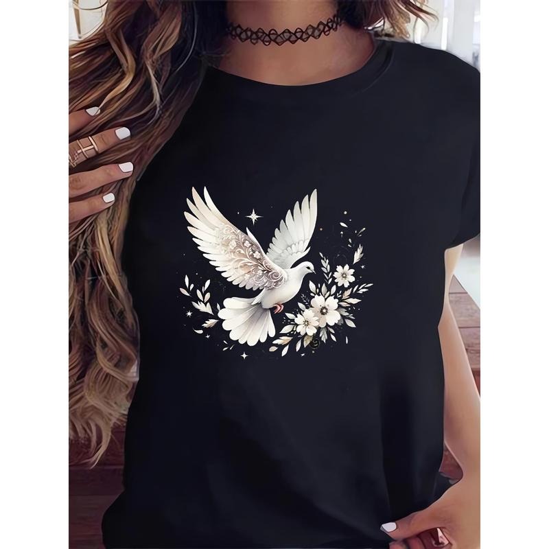 Plus-Size Women'S Casual T-Shirt With Peace Dove Print, Round Neck, Geometric Pattern, Knit Fabric, Vacation Style,...