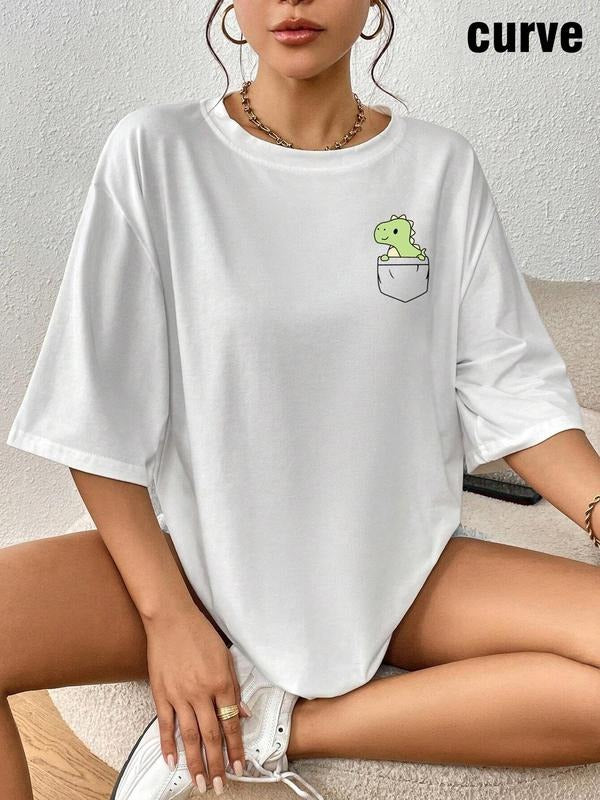 Plus Size Women's Cartoon Dinosaur Print Tee, Casual Drop Shoulder Round Neck T-Shirt, Women's Plus Clothing for Daily...