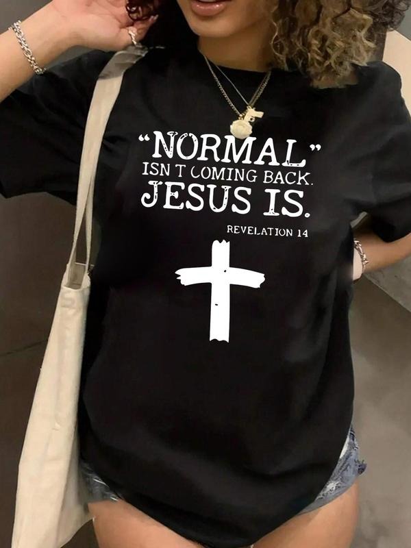 Plus Size Women's Letter & Cross Print Tee, Trendy Crew Neck Short Sleeve T-Shirt, Women Plus Clothing for Summer Hoodie,...