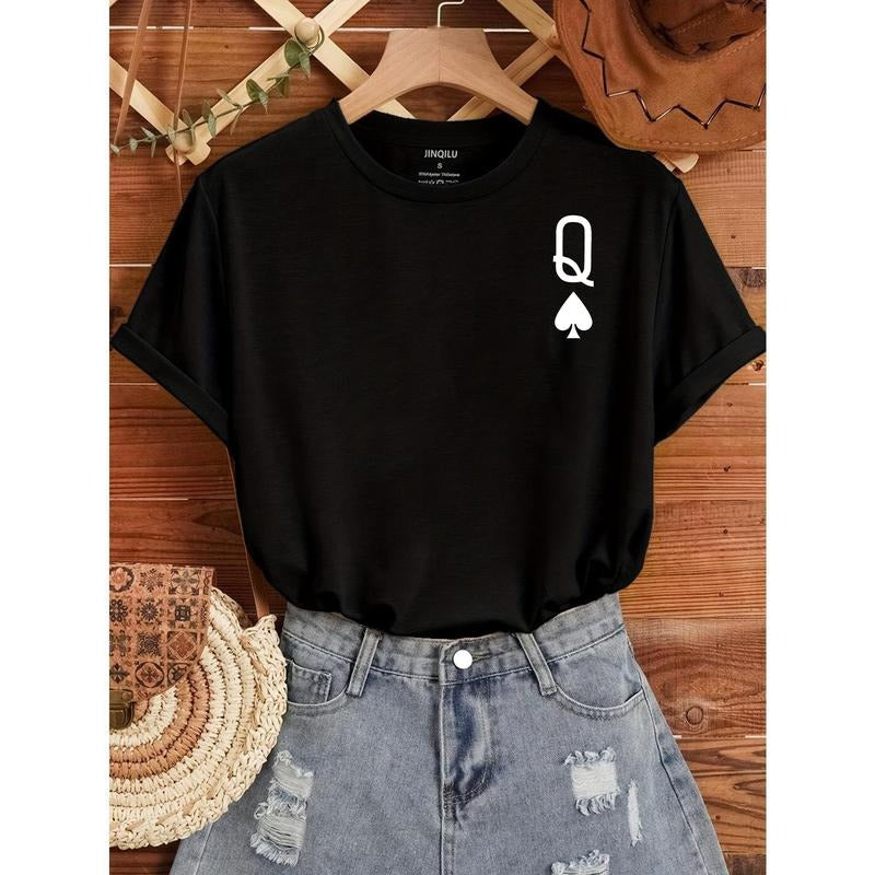 Poker Q Print Crew Neck T-Shirt, Casual Short Sleeve T-Shirt For Spring & Summer, Women's Clothing style 02 Hoodie,...