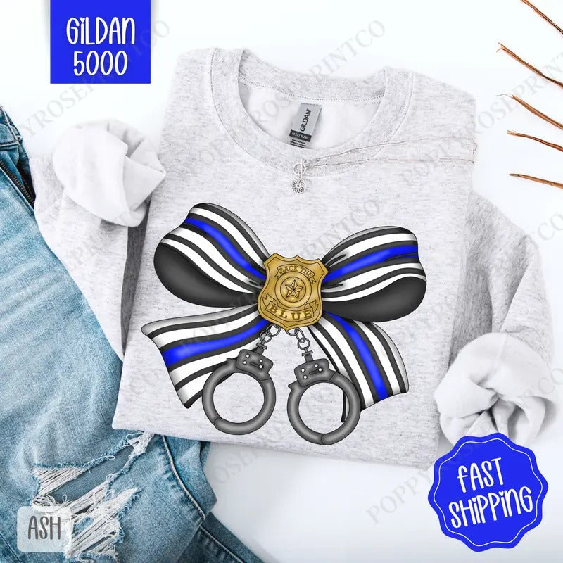Police Coquette Bow Sweatshirt, Bow Crewneck, Cute Women's Sweater T-Shirts, Hoodie | HypeDripTees.com