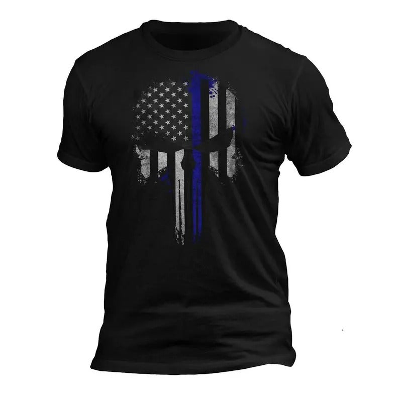 Police Thin Blue Line Flag Skull Men's T-Shirt Casual Crewneck Hoodie, Sweatshirt | HypeDripTees.com
