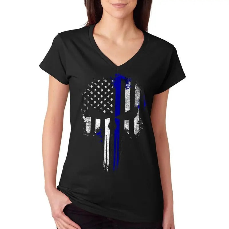 Police Thin Blue Line Flag Skull Women's V-Neck T-Shirt Casual Cotton Hoodie, Sweatshirt | HypeDripTees.com