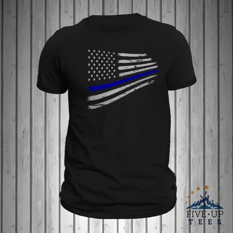 Police Thin Blue Line Flag Warped Design Men's T-shirt Casual Crewneck Hoodie, Sweatshirt | HypeDripTees.com