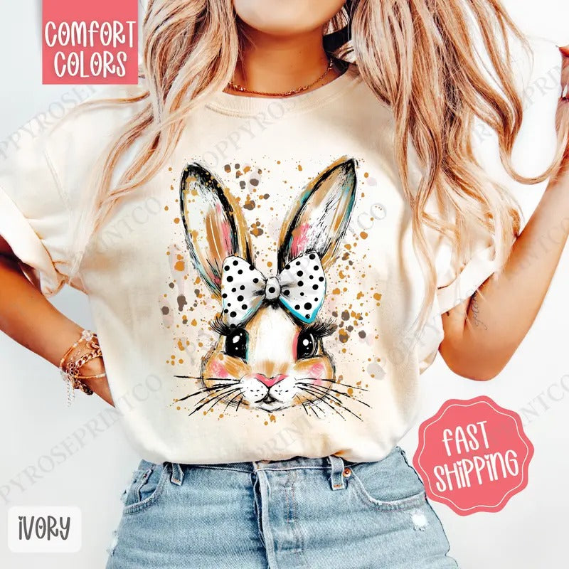 Polka Dot Bow Bunny Shirt Comfort Colors, Easter Tshirt, Trendy Religious Women's Tee, Gift for Her Hoodie, Sweatshirt