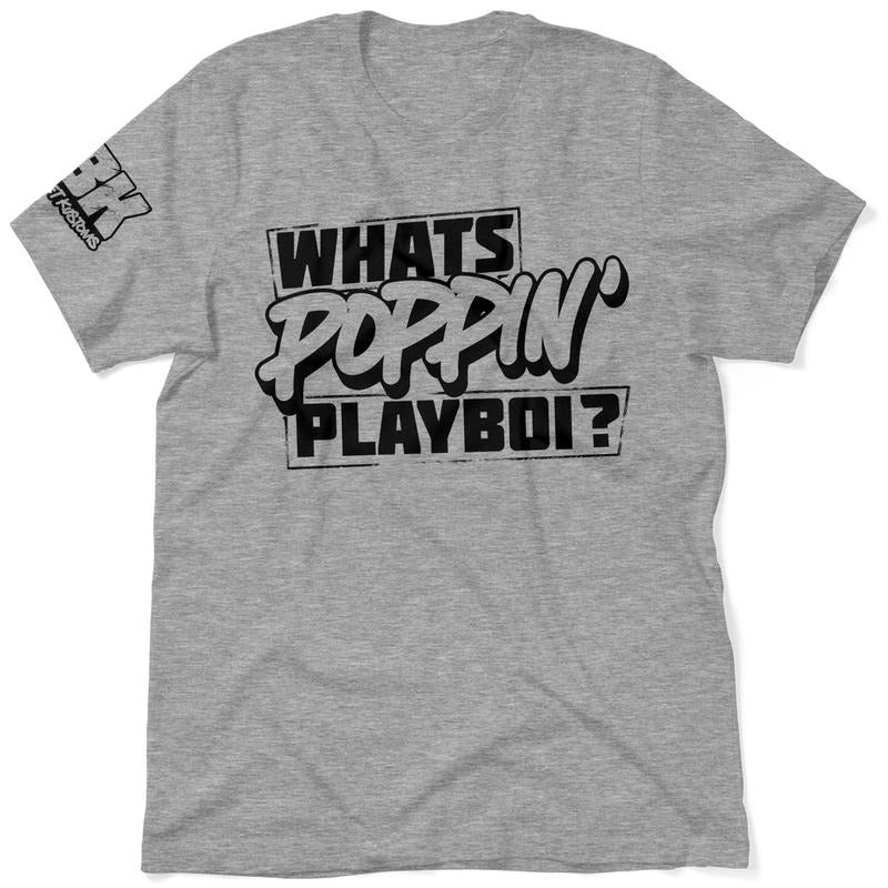 FBK Whats Poppin Heather Gray T-Shirt Jersey Men's 30-Day Guarantee Quality Cotton/Poly Blend with Blue Collar