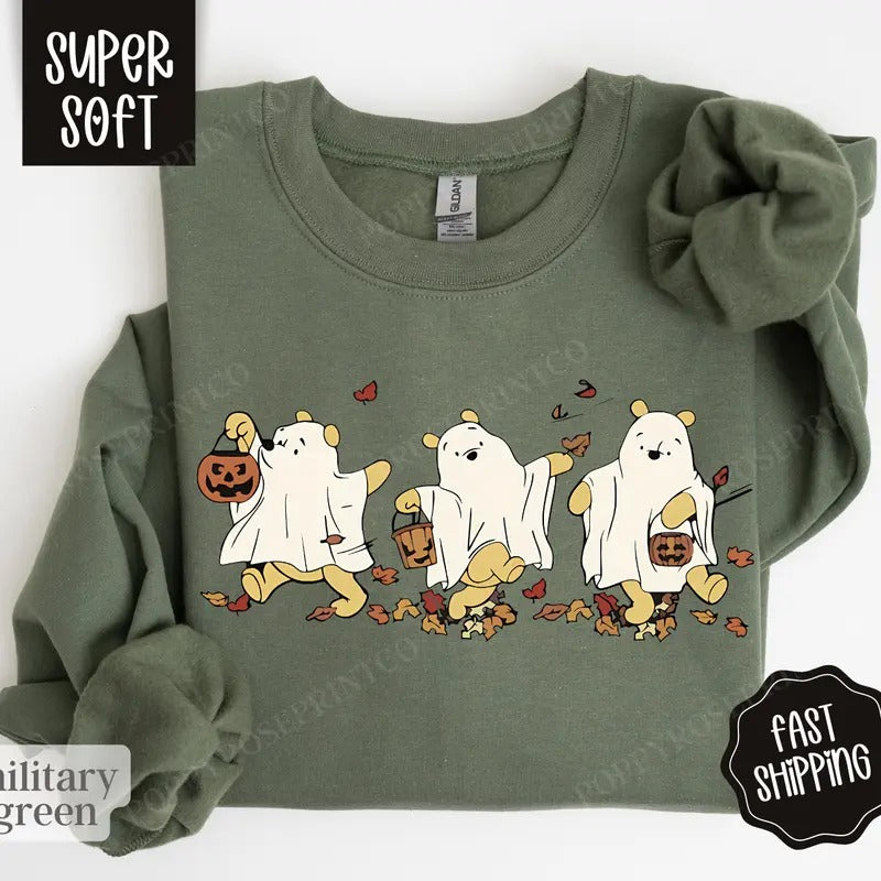 Pooh Bear Halloween Sweatshirt, Cartoon Bear Halloween Sweater, Women's Fall Crewneck T-Shirts, Hoodie | HypeDripTees.com