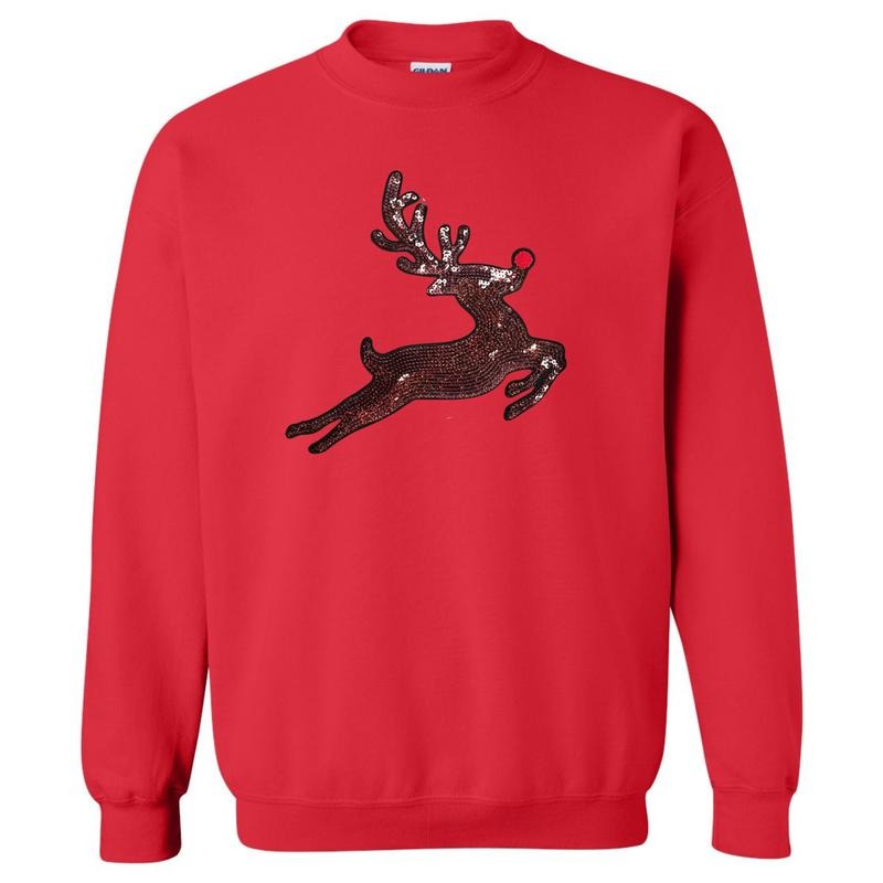 Prancing Reindeer Sequin Patch Sweatshirt T-Shirts, Hoodie | HypeDripTees.com