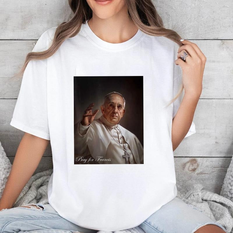 Pray for Francis T-Shirt Crew Neck Short Sleeve T-Shirt Tops Trendy for Unisex Hoodie, Sweatshirt | HypeDripTees.com