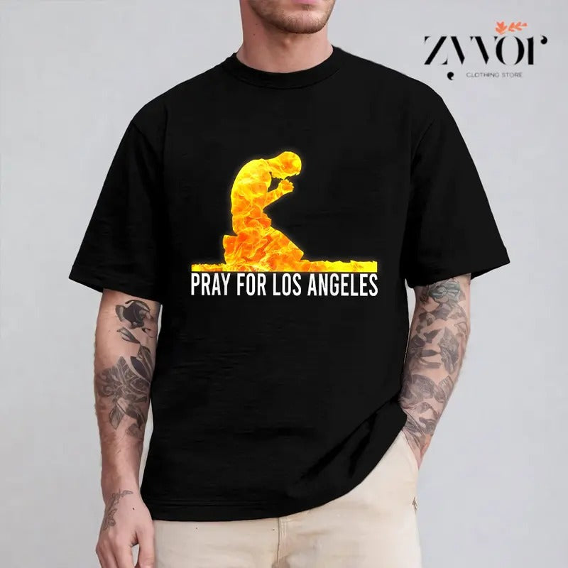 Pray for Los Angeles Tee Pure Cotton Casual Style Crew Neck Short Sleeve T-Shirt Tops Trendy for Unisex Hoodie, Sweatshirt
