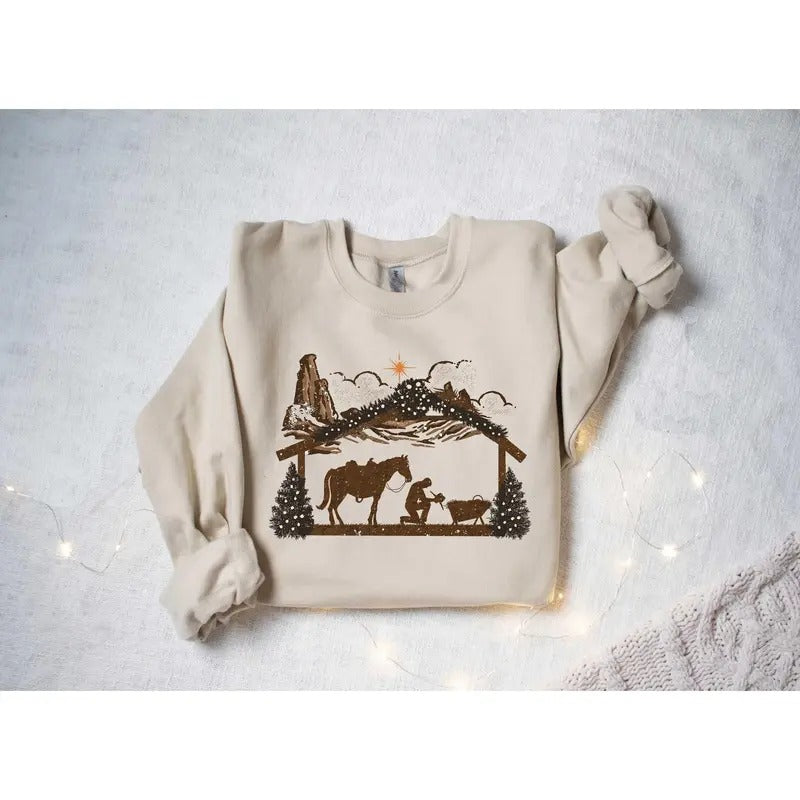 Praying Cowboy Manger, Religious Western Christmas Cowboy, Western Christmas Sweatshirt, Christmas Gift for Christian...